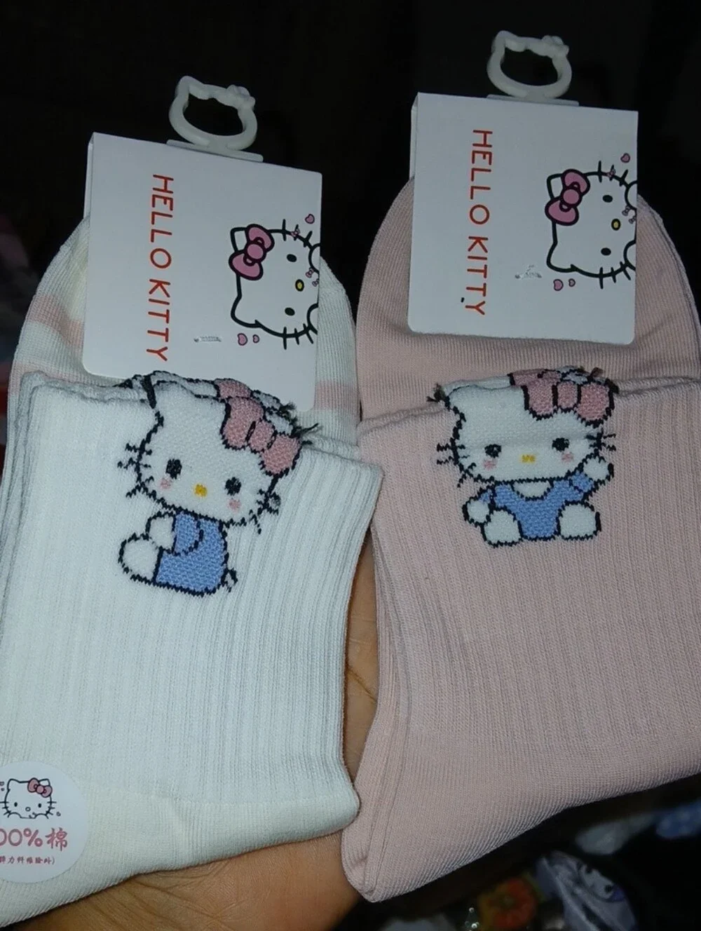 2 Hello Kitty Women's Teens Ankle Socks - White & Pink with Blue Motif